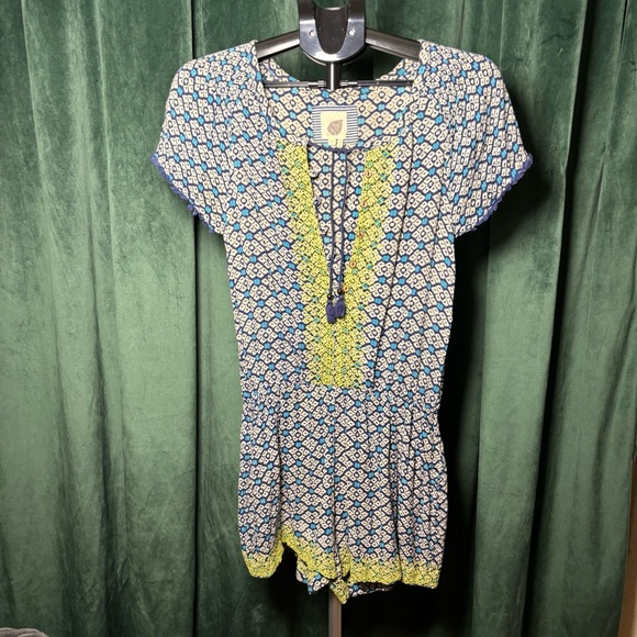 Anthropologie Pants - Anthropologie Lilka Blue and Yellow Patterned Short-Sleeve Romper XS
